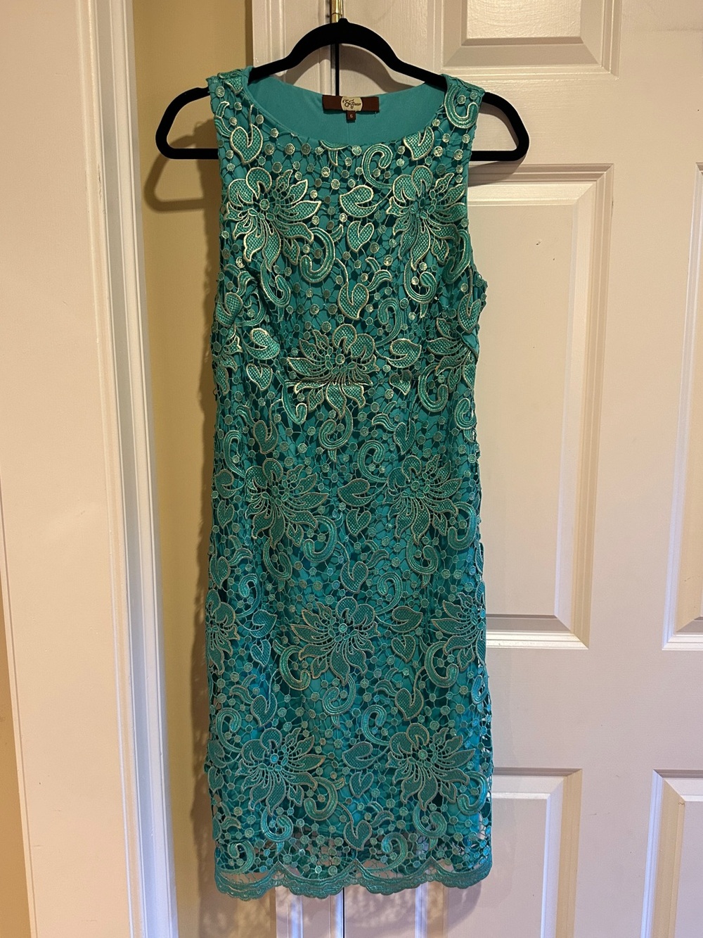 Eva Franco Teal Floral Guipure Lace Sheath Dress Size 6